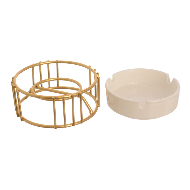 White ceramic ashtray with a separate circular base made of gold metal