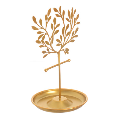 Metal holder designed with tree branches for hanging accessories, golden color