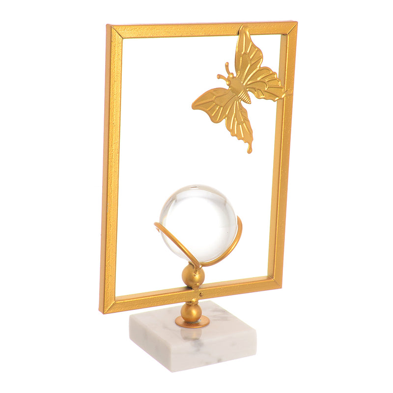 Frame-shaped metal holder with a transparent crystal ball on a gold*white base