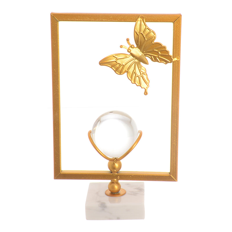 Frame-shaped metal holder with a transparent crystal ball on a gold*white base