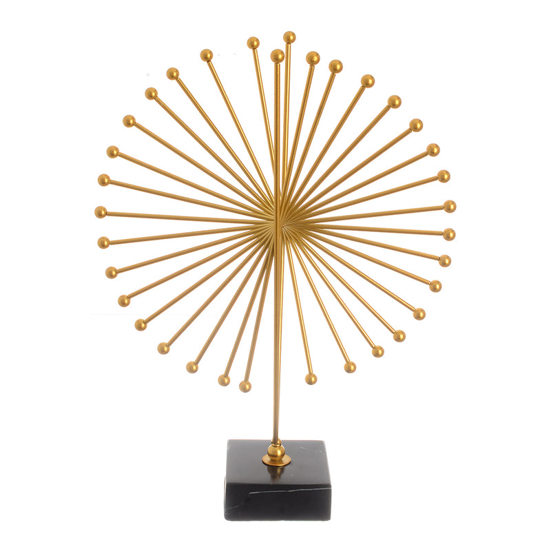 Home decor in the shape of a sun, golden metal, with a gold*black base, 31 cm