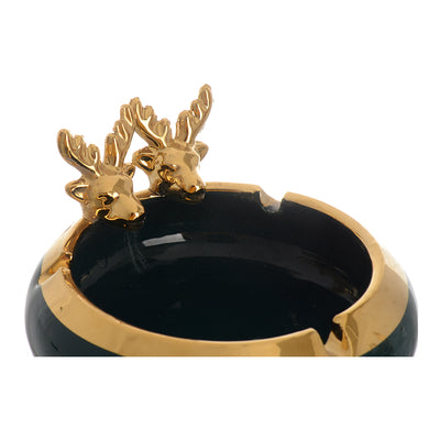 Circular porcelain ashtray with green*gold deer decoration, 4*9 cm