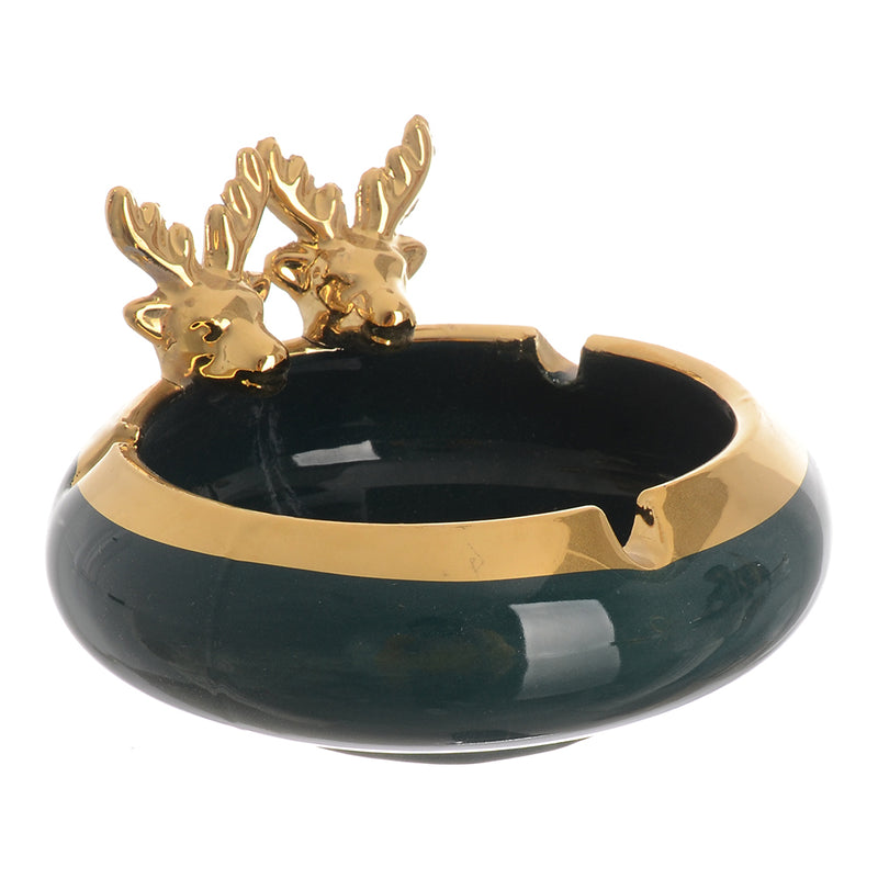 Circular porcelain ashtray with green*gold deer decoration, 4*9 cm