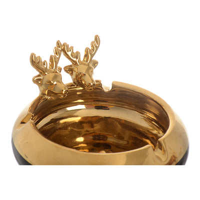 Circular porcelain ashtray with black*gold deer decoration, 4*9cm