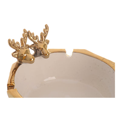 Porcelain ashtray, hexagonal shape with deer decoration, white*gold, 4*12 cm