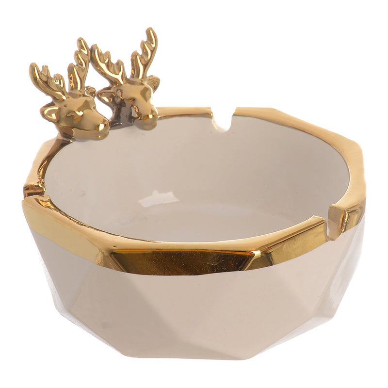 Porcelain ashtray, hexagonal shape with deer decoration, white*gold, 4*12 cm