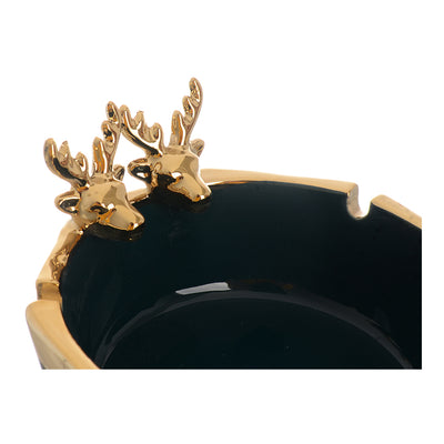 Hexagonal shape porcelain ashtray with green*gold deer decoration, 4*12 cm