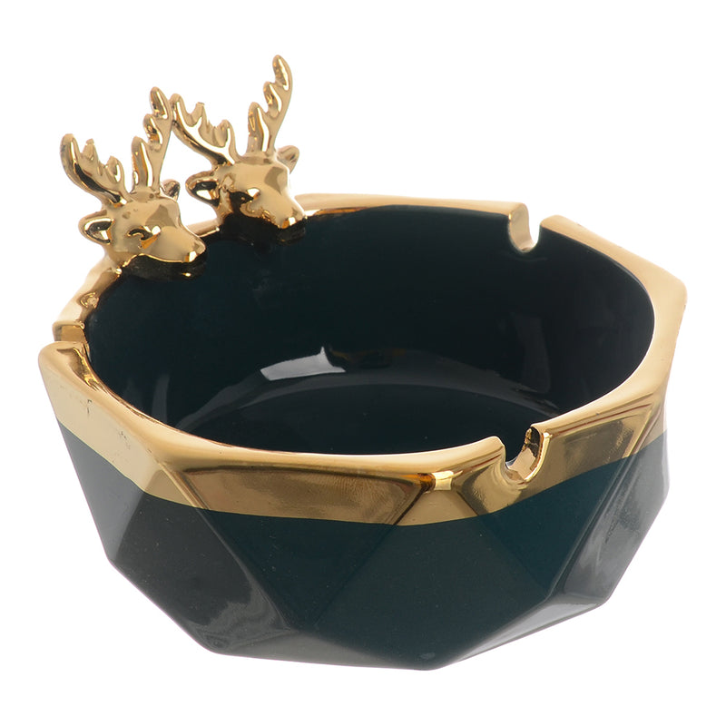 Hexagonal shape porcelain ashtray with green*gold deer decoration, 4*12 cm