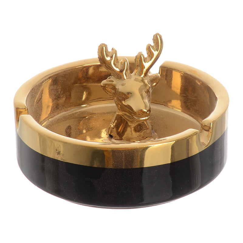 Circular porcelain ashtray with black*gold deer decoration, 3*9cm