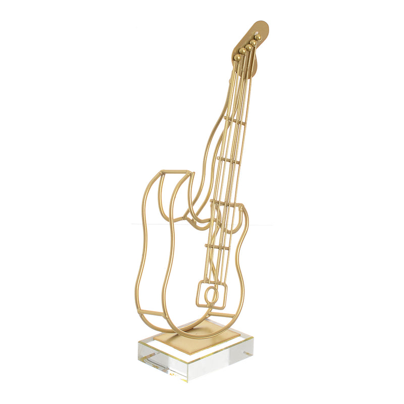 Decorative metal model guitar, golden color, with a glass base, 27.5 cm