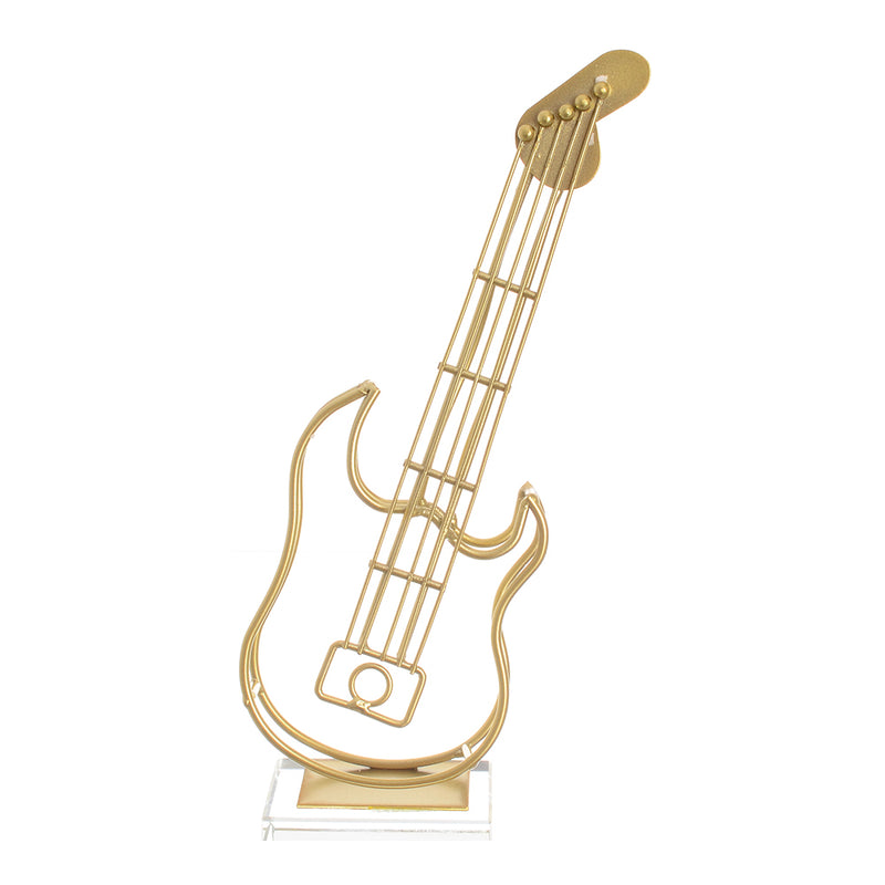 Decorative metal model guitar, golden color, with a glass base, 27.5 cm