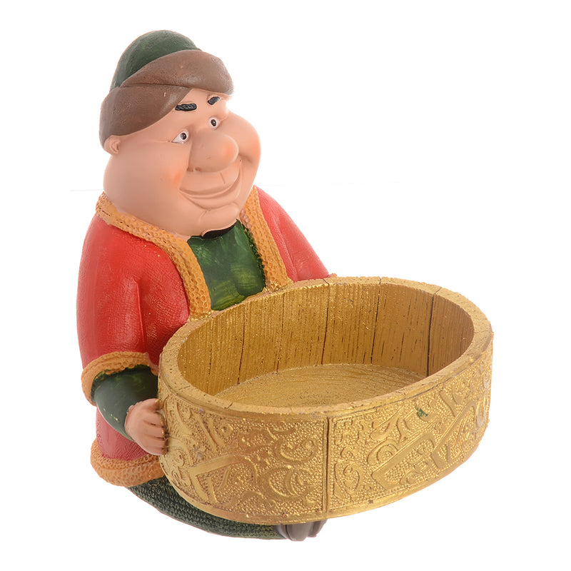 Fat statue sitting holding a basket