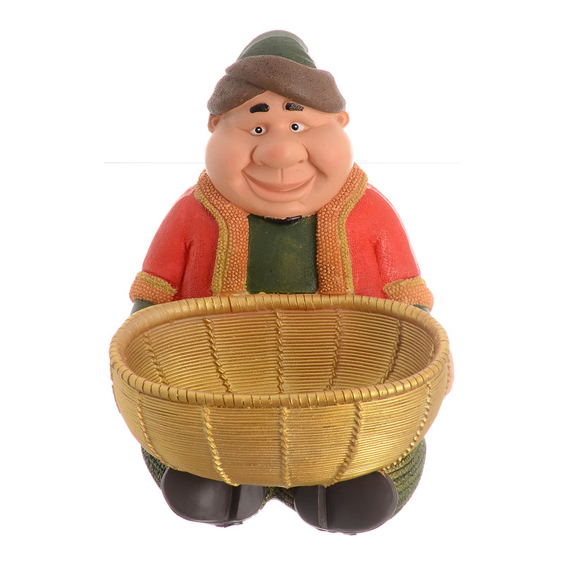 Fat statue sitting holding a basket