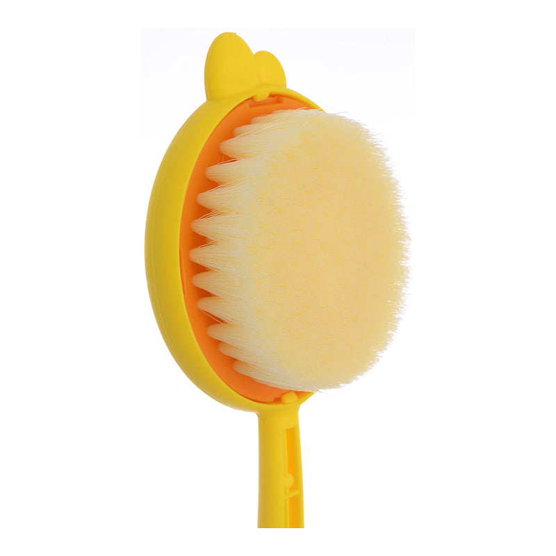 Plastic shower brush with yellow cardboard design